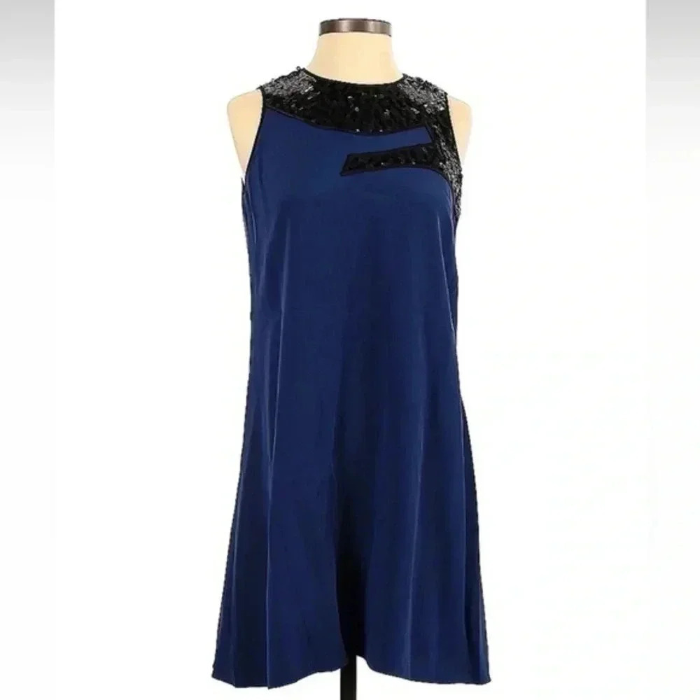 Jay Godfrey Blue Silk Mini Cocktail Formal Party Dress Black Sequins Size 2 XS